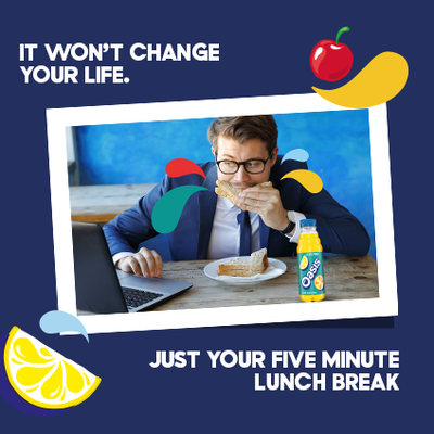 Photo of a man eating a sandwich with a bottle of Oasis in the foreground. On the screen it says 'It won't change your life. Just your five minute lunch break',