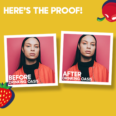 Side by side photos of a women showing for drinking Oasis won't change you.