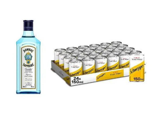 An image of an 24 pack of Schweppes Tonic Water (150ml) with a bottle of Bombay Sapphire Gin