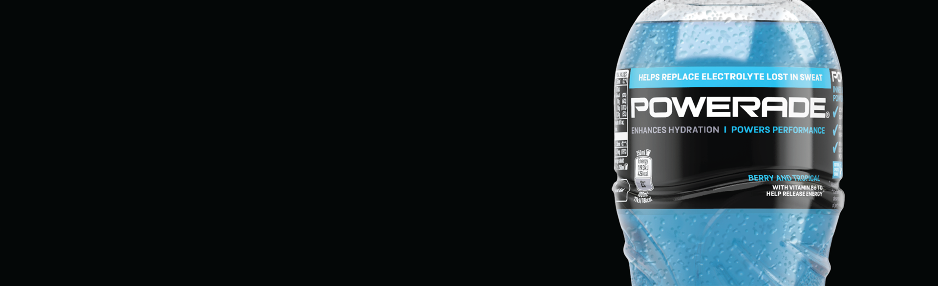 Powerade sports drink bottle labeled Berry & Tropical, highlighting its eye-catching design and thirst-quenching appeal.