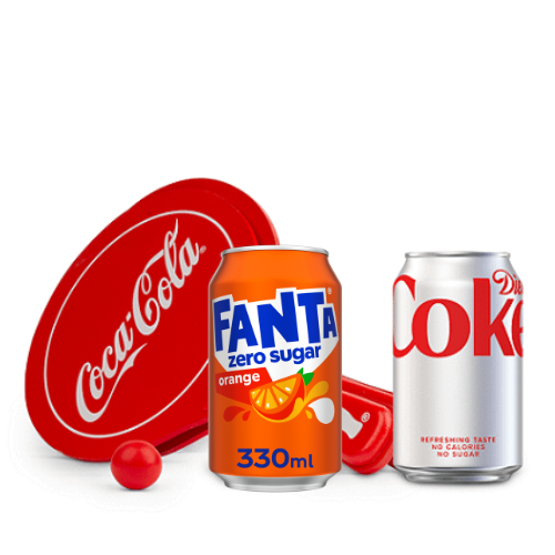 coca-cola paddle ball set, can of fanta and can of diet coke